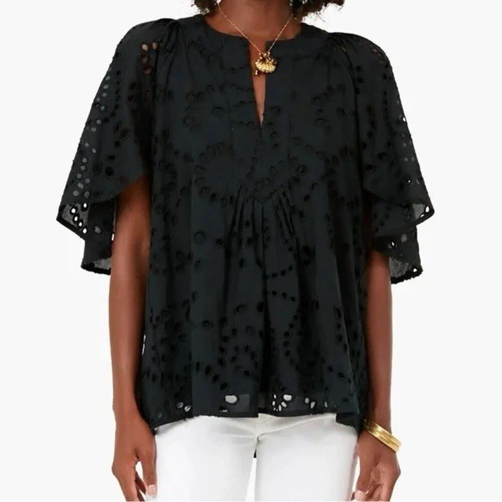 Tuckernuck Finley Black Cotton Eyelet Flutter Sleeve Top Shirt Blouse XS Boho